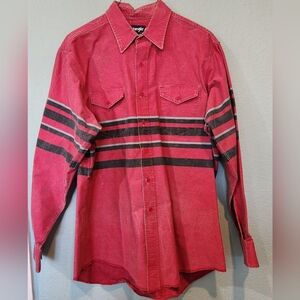Vtg Wrangler Shirt XL Red Black Striped Brushpopper Button Western Cowboy 17 35
